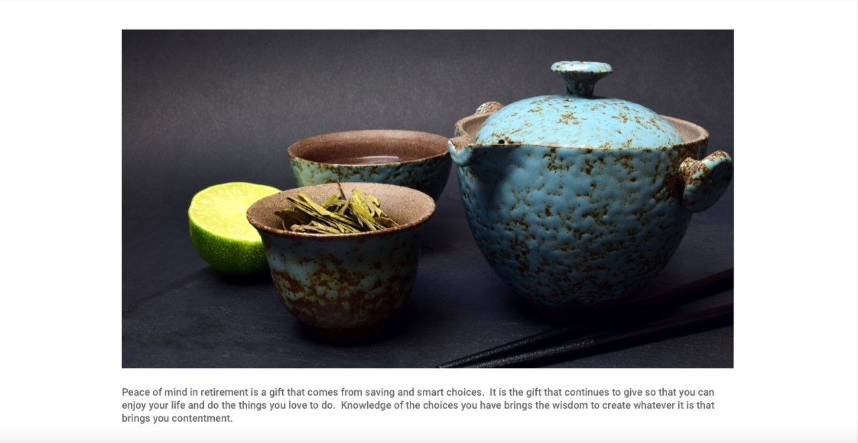 Image of tea pot and cups signifying calm and peace of mind as part of a section of a website designed by Media 3 Consulting