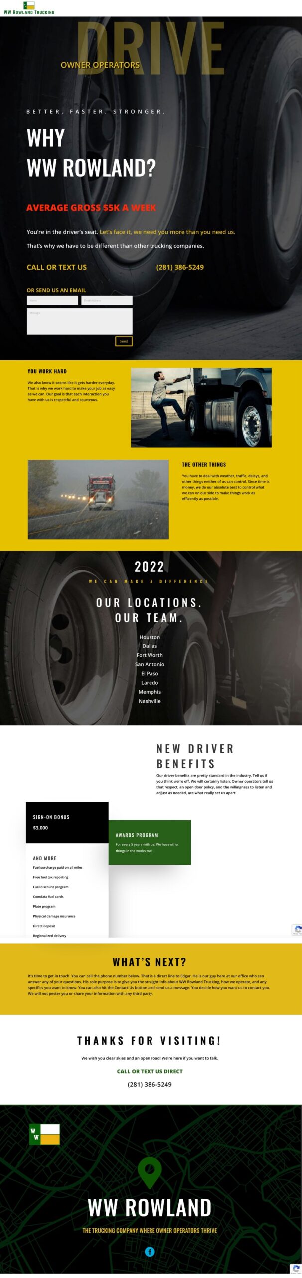 DRIVE ad campaign Landing Page to attract drivers for WW Rowland Trucking